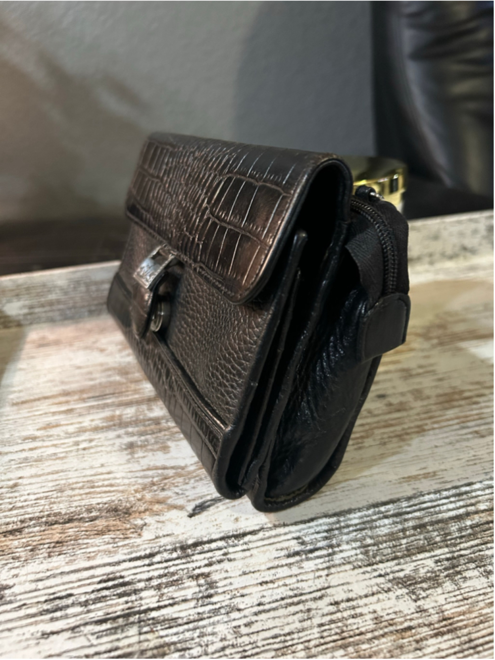 Brighton Black Leather Crocodile Embossed Wallet/Crossbody